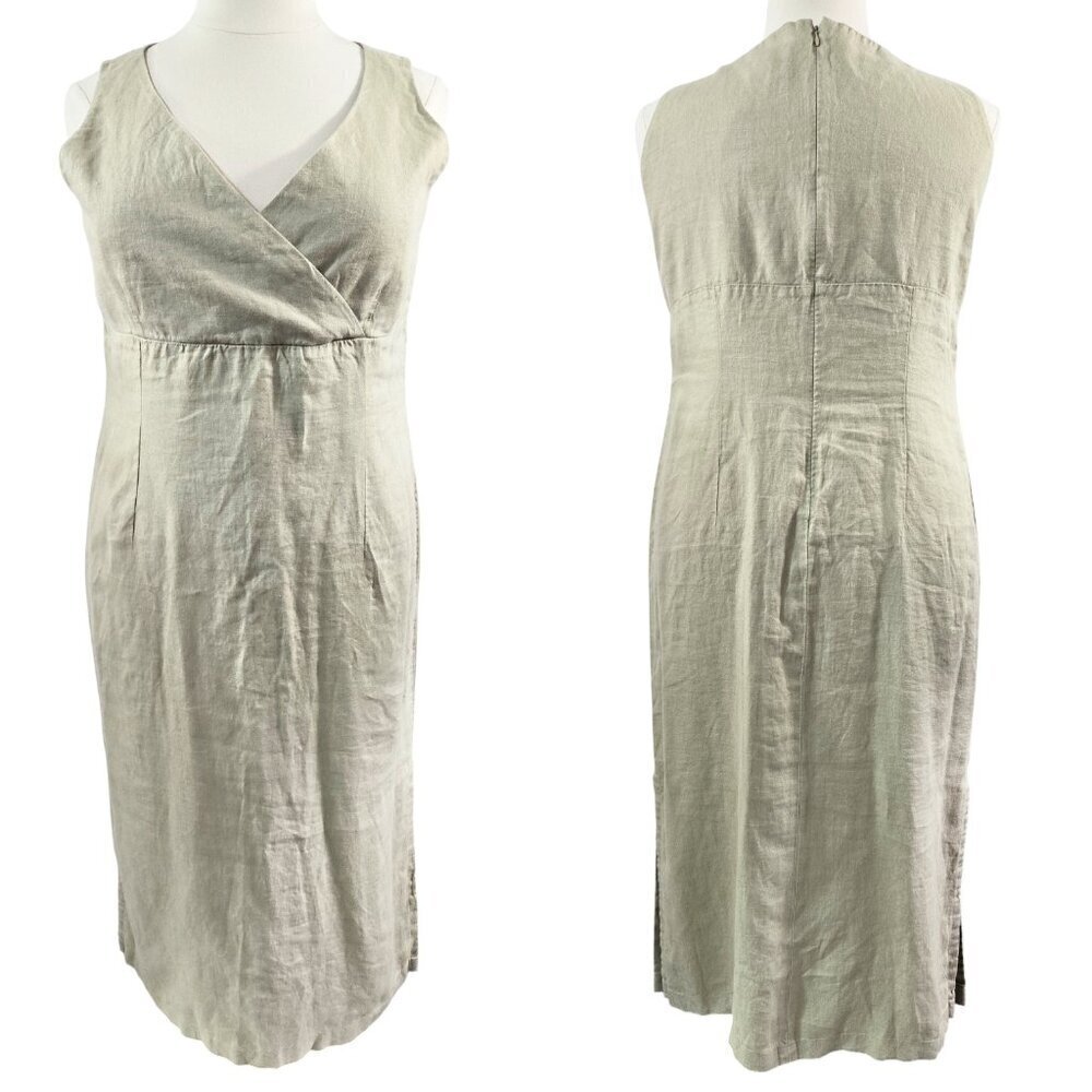 Old Navy NWT 100% Linen Pale Tan Green Surplice Neck Midi Dress Lagenlook